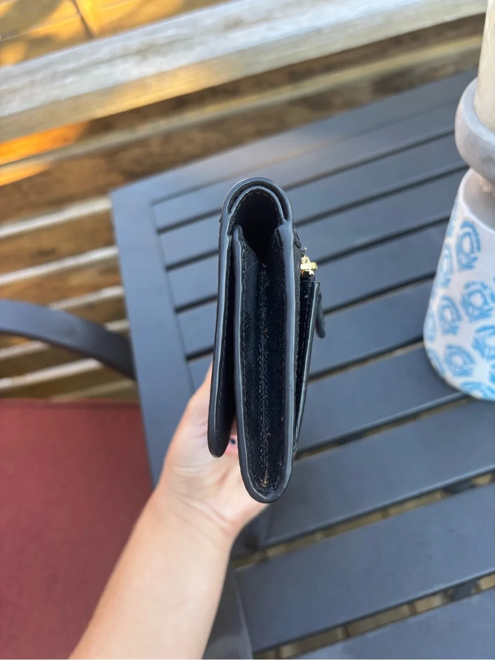Coach crossgrain black leather flap phone wallet wristlet